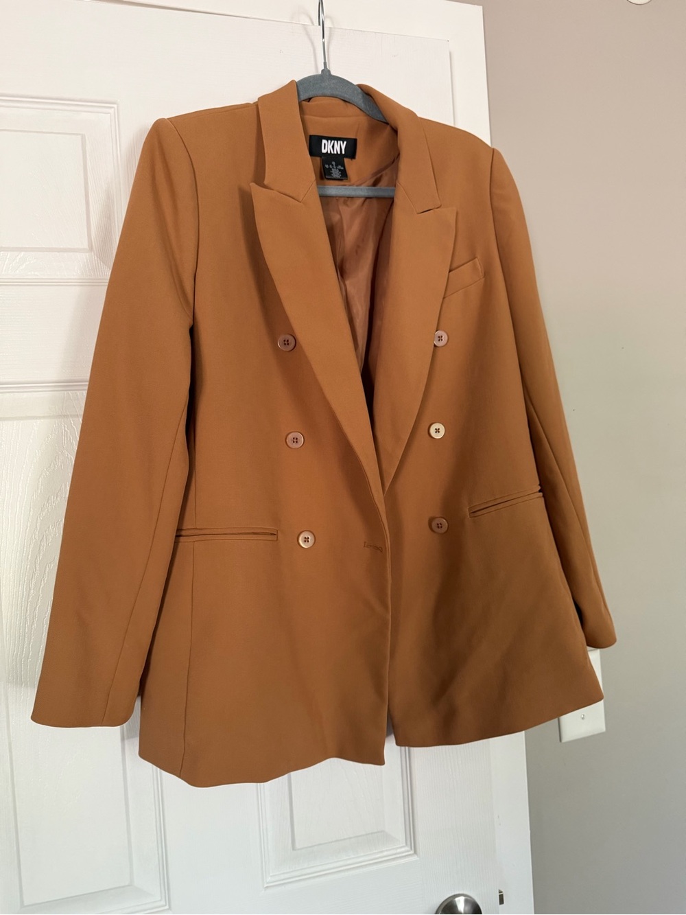 DKNY Camel Brown Gold Button Double Breasted Blazer Coat - Picture 6 of 8